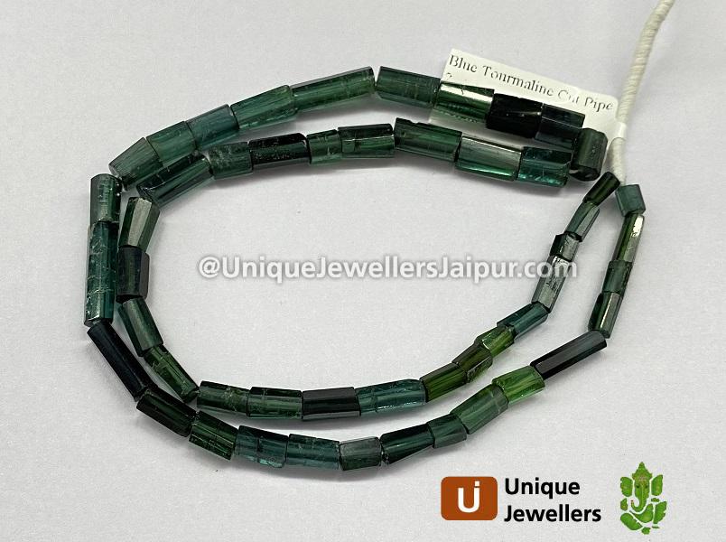 Greenish Blue Tourmaline Step Cut Pipe Beads